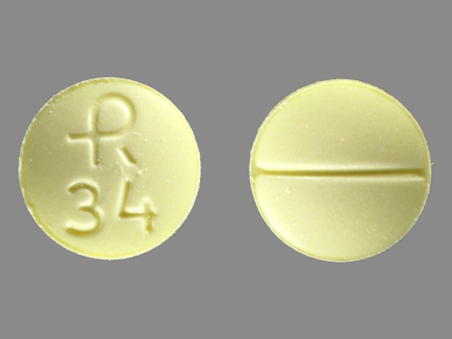 Yellow Round pill with imprint R;34 — Clonazepam Clonazepam 1 mg; (view 2)