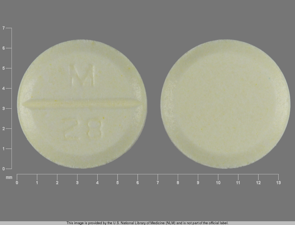 Yellow Round pill with imprint M;28 — Nadolol Nadolol 20 mg; (view 2)