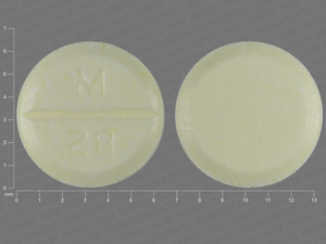 Yellow Round pill with imprint M;28 — Nadolol Nadolol 20 mg; (view 3)
