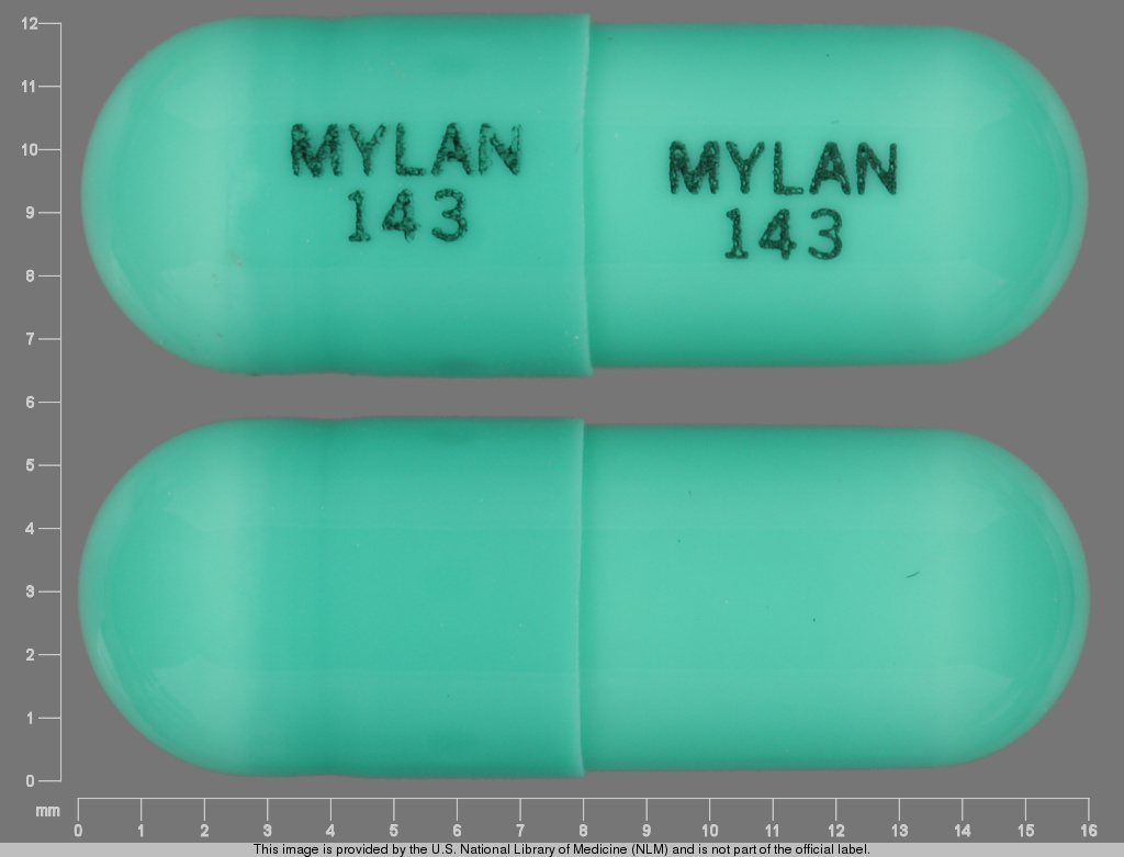 Green Capsule pill with imprint MYLAN;143 — Indomethacin Indomethacin 25 mg; (view 2)