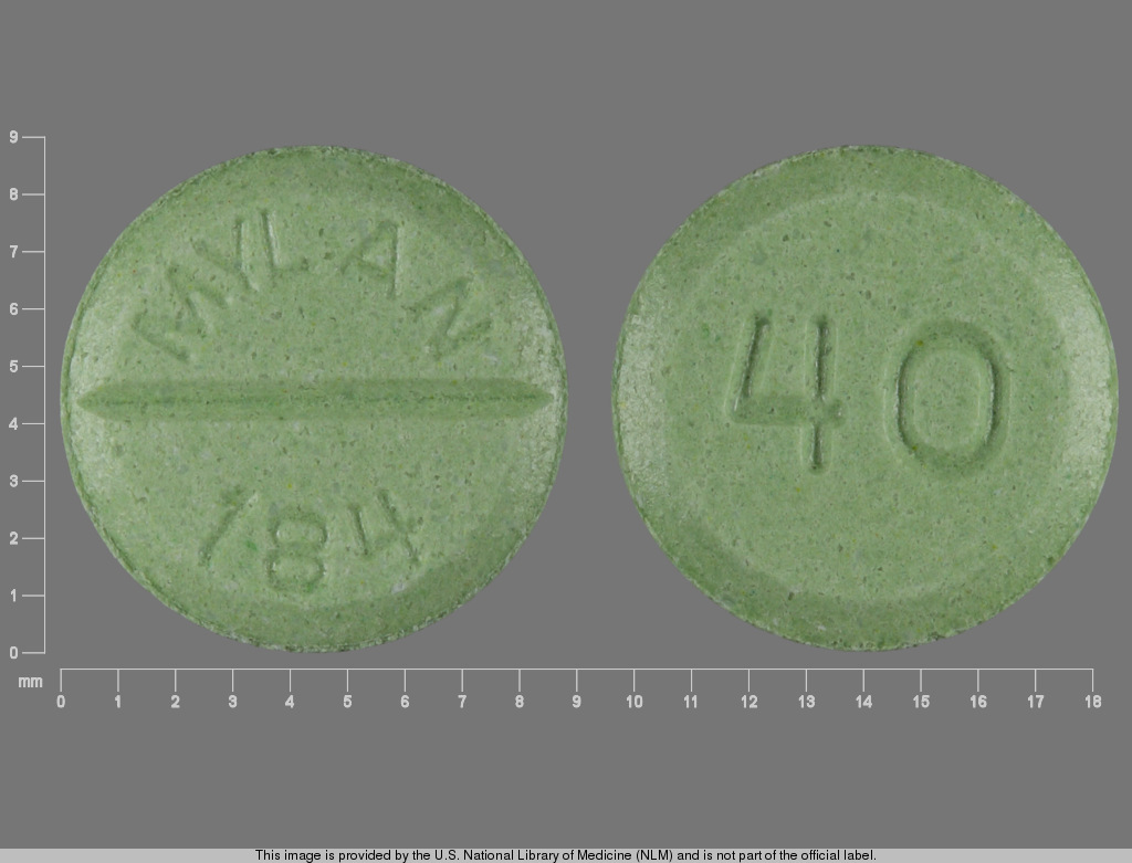 Green Round pill with imprint MYLAN;184;40 — Propranolol hydrochloride 40 mg (view 3)