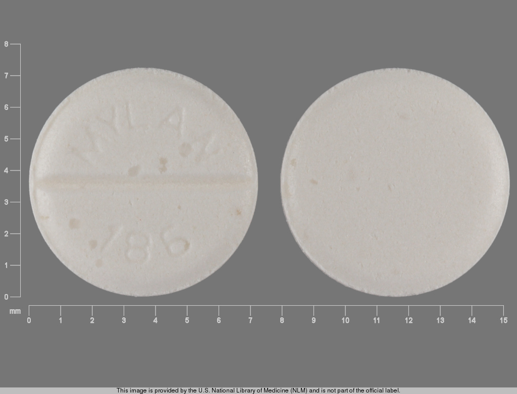 White Round pill with imprint MYLAN;186 — Clonidine hydrochloride 0.2 mg (view 3)