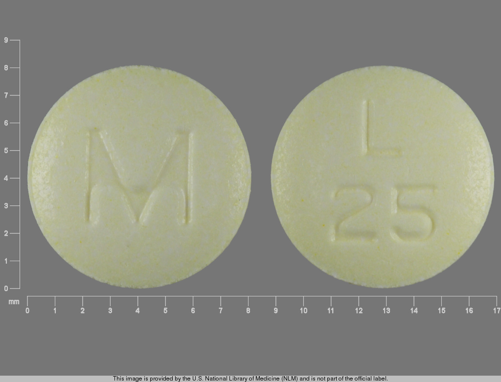 Yellow Round pill with imprint L;25;M — Lisinopril Lisinopril 20 mg; (view 2)