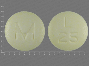 Yellow Round pill with imprint L;25;M — Lisinopril Lisinopril 20 mg; (view 4)