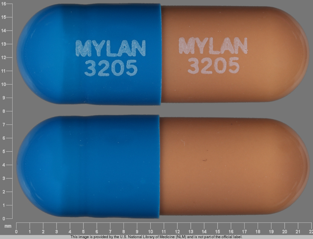 Blue;brown Capsule pill with imprint MYLAN;3205 — Prazosin hydrochloride Prazosin hydrochloride 5 mg; (view 2)
