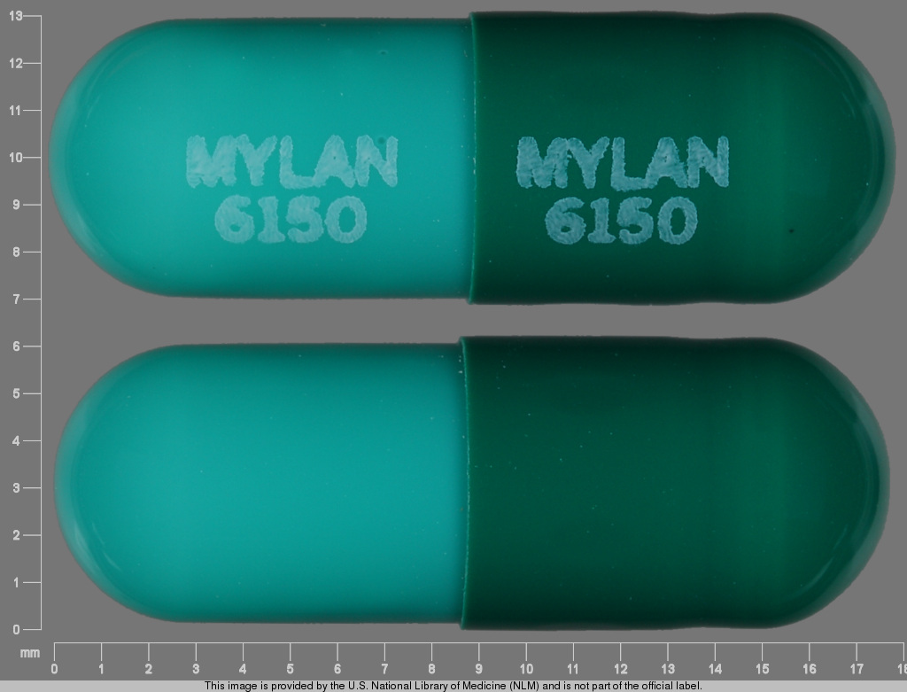 Green;blue Capsule pill with imprint MYLAN;6150 — Omeprazole Omeprazole 20 mg; (view 3)