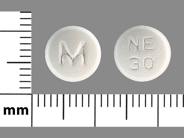White Round pill with imprint M;NE;30 — Nifedipine 30 mg (view 2)
