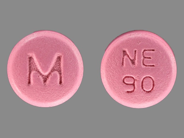 Pink Round pill with imprint M;NE;90 — Nifedipine Nifedipine 90 mg; (view 2)