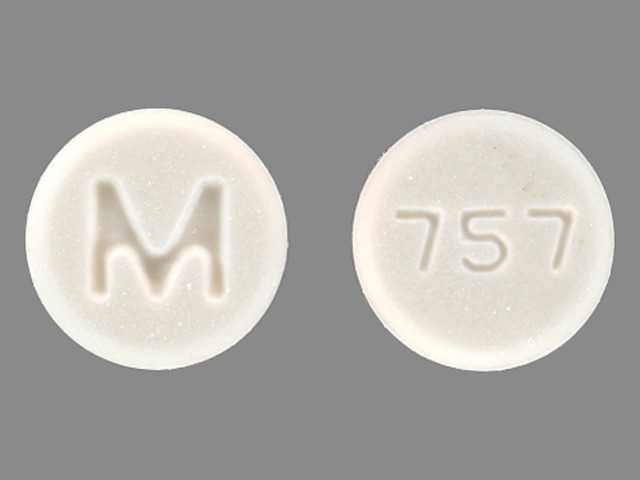 White Round pill with imprint M;757 — Atenolol Atenolol 100 mg; (view 3)
