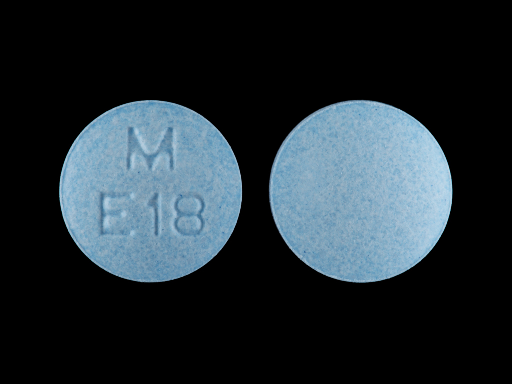 Blue Round pill with imprint M;E18 — Enalapril maleate Enalapril maleate 20 mg; (view 2)
