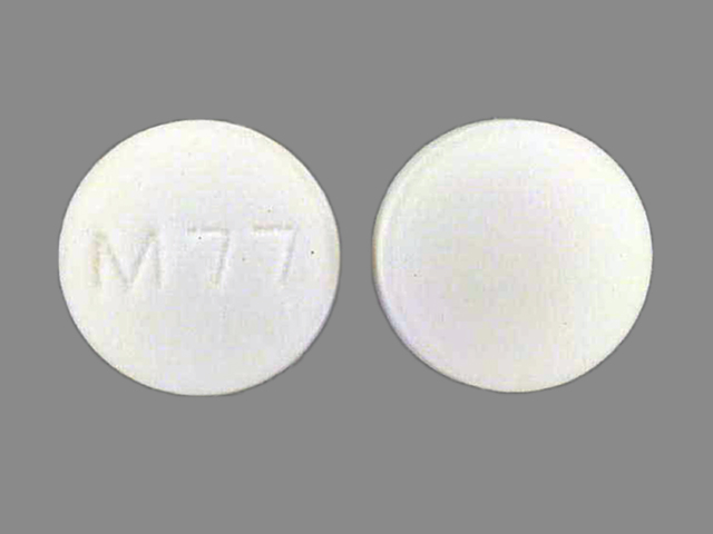 White Round pill with imprint M77 — Amitriptyline hydrochloride Amitriptyline hydrochloride 10 mg; (view 2)