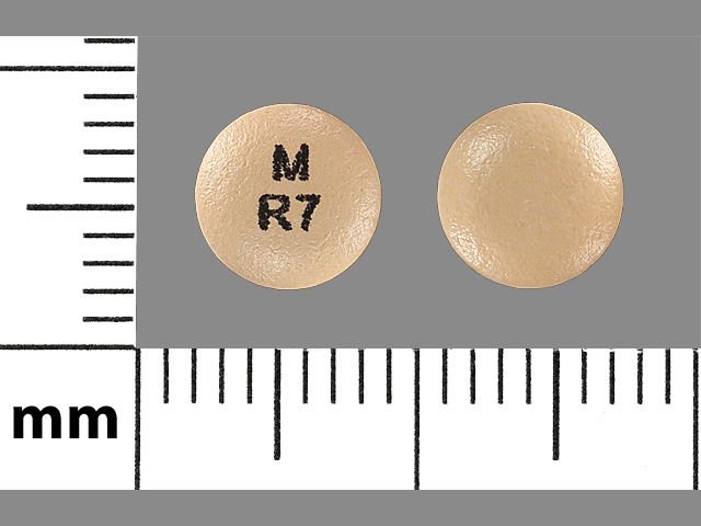 Brown Round pill with imprint M;R7 — Rabeprazole sodium 20 mg (view 2)