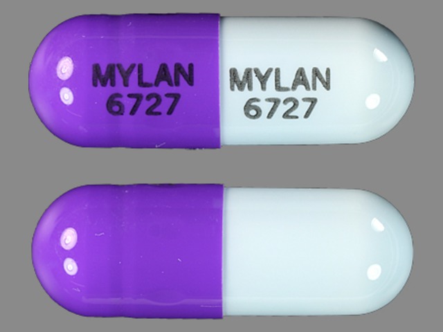 Purple;blue Capsule pill with imprint MYLAN;6727 — Zonisamide Zonisamide 100 mg; (view 2)