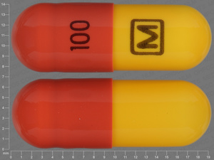 Yellow;orange Capsule pill with imprint M;100 — Imipramine pamoate Imipramine pamoate 100 mg; (view 2)