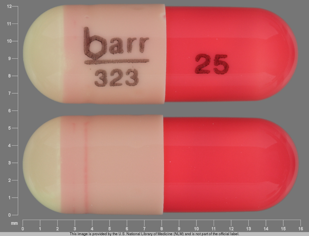 Yellow, red Capsule pill with imprint barr;323;25 — Hydroxyzine pamoate 25 mg (view 3)