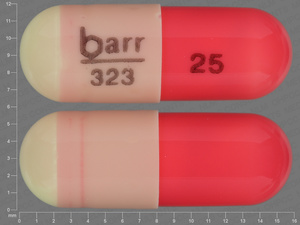 Yellow, red Capsule pill with imprint barr;323;25 — Hydroxyzine pamoate 25 mg (view 2)
