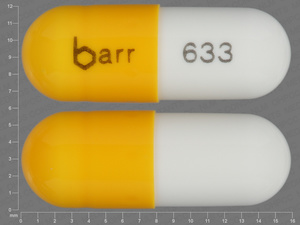 Yellow;white Capsule pill with imprint barr;633 — Danazol Danazol 50 mg; (view 2)