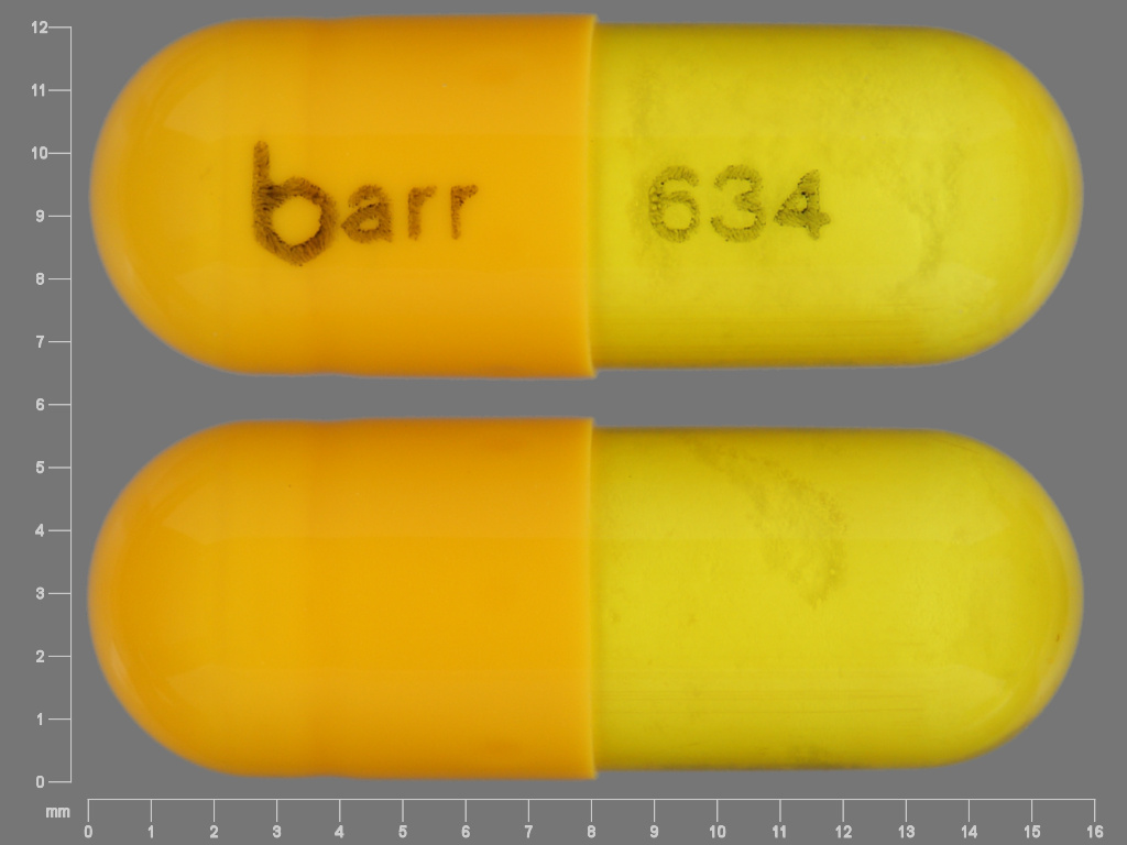 Yellow, yellow Capsule pill with imprint barr;634 — Danazol 100 mg (view 2)