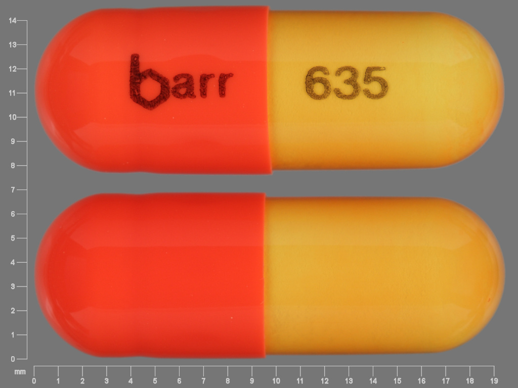 Orange, yellow Capsule pill with imprint barr;635 — Danazol 200 mg (view 2)