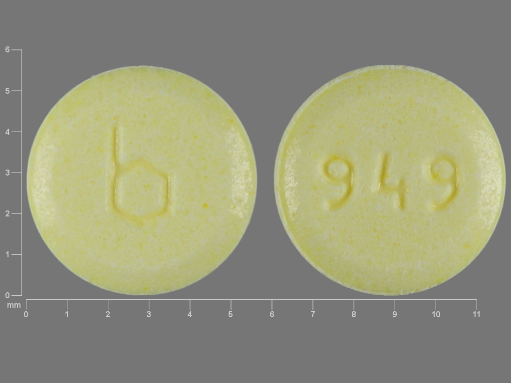 Yellow Round pill with imprint b;949 — Nortrel Norethindrone 1 mg;ethinyl estradiol 0.035 mg; (view 2)