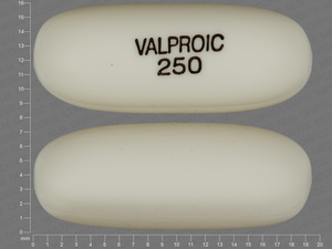 White Capsule pill with imprint VALPROIC;250 — Valproic acid Valproic acid 250 mg; (view 3)