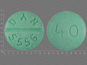 Green Round pill with imprint DAN;5556;40 — Propranolol hydrochloride Propranolol hydrochloride 40 mg; (view 3)