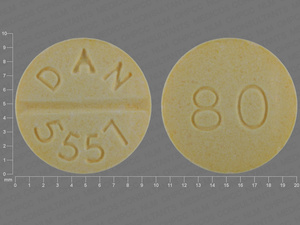 Yellow Round pill with imprint DAN;5557;80 — Propranolol hydrochloride Propranolol hydrochloride 80 mg; (view 2)