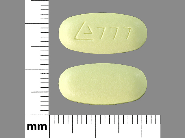 Yellow Oval pill with imprint 777 — Clarithromycin 500 mg (view 2)