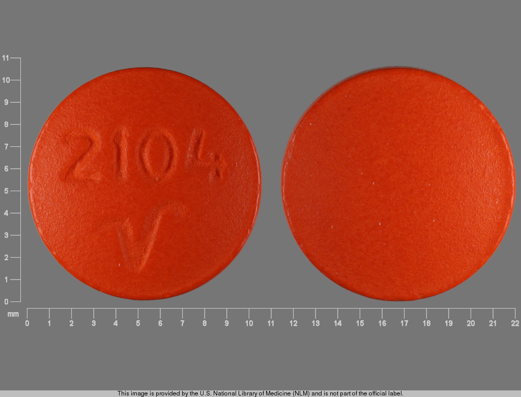 Orange Round pill with imprint 2104;V — Amitriptyline hydrochloride Amitriptyline hydrochloride 75 mg; (view 3)