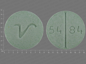 Green Round pill with imprint 54;84;V — Propranolol hydrochloride Propranolol hydrochloride 40 mg; (view 3)