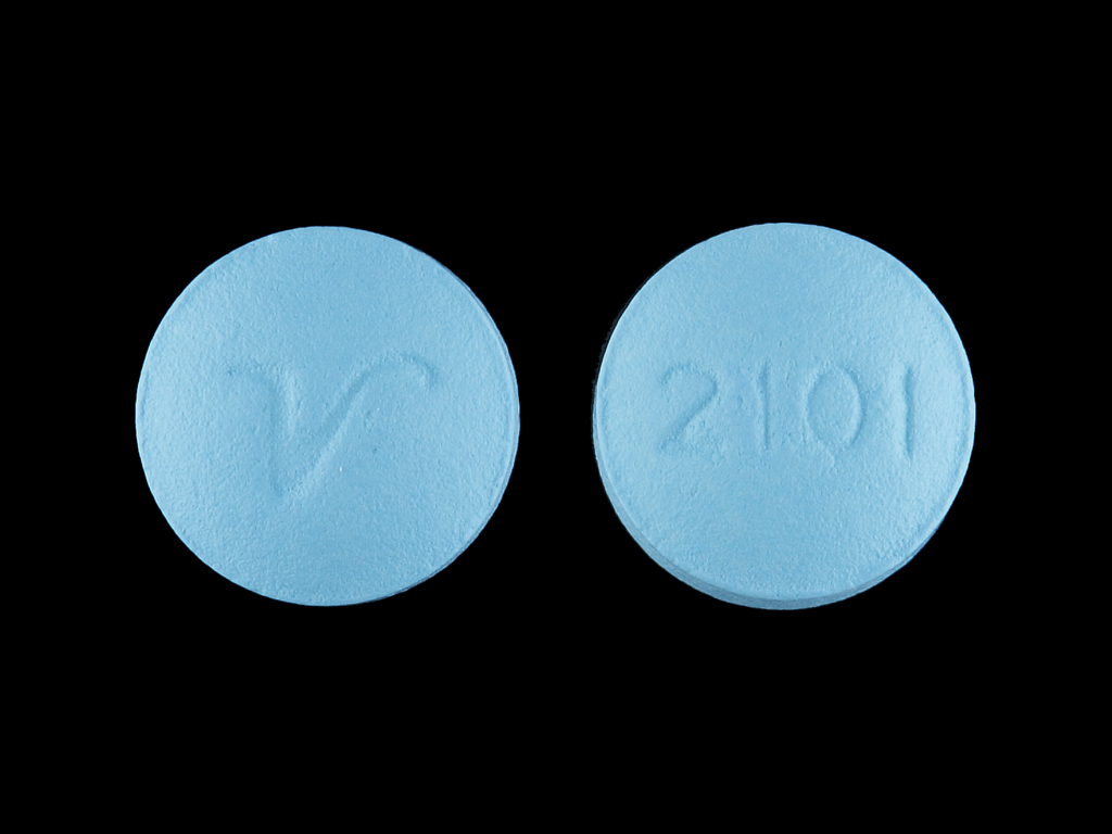 Blue Round pill with imprint 2101;V — Amitriptyline hydrochloride Amitriptyline hydrochloride 10 mg; (view 3)