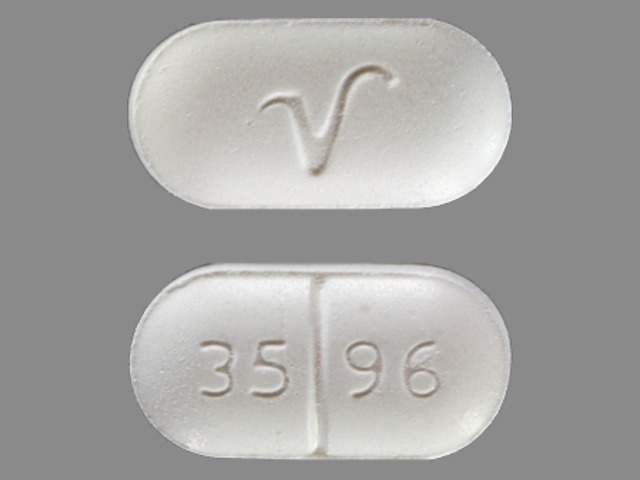 White Oval pill with imprint 3596;V — Hydrocodone bitartrate and acetaminophen Hydrocodone bitartrate 7.5 mg;acetaminophen 750 mg; (view 2)