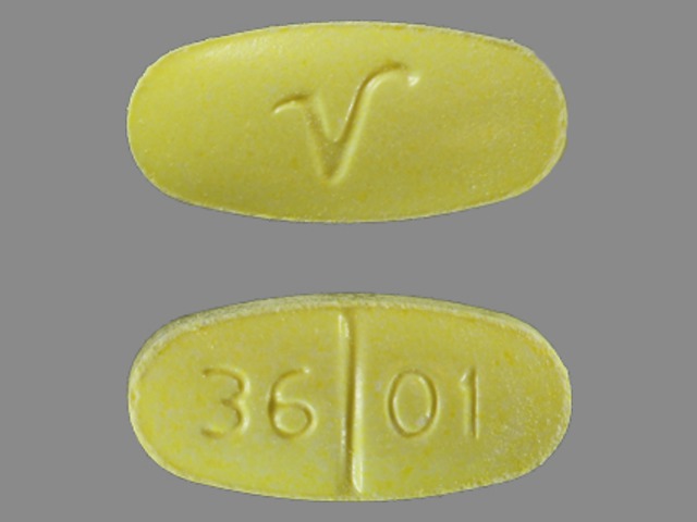 Yellow Oval pill with imprint 3601;V — Hydrocodone bitartrate and acetaminophen Hydrocodone bitartrate 10 mg;acetaminophen 325 mg; (view 2)