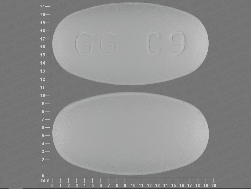 White Oval pill with imprint GG;C9 — Clarithromycin 500 mg (view 2)