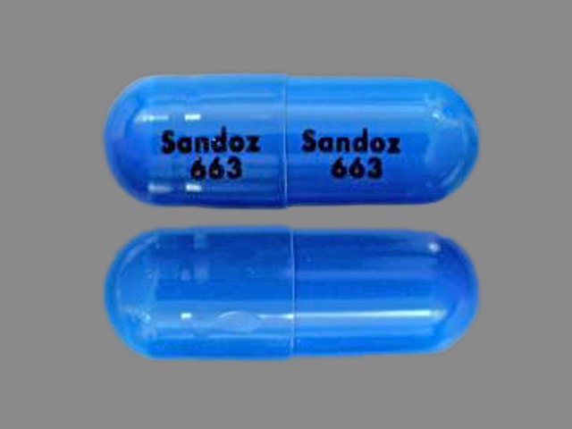 Blue Capsule pill with imprint Sandoz;663 — Cefdinir Cefdinir 300 mg; (view 2)