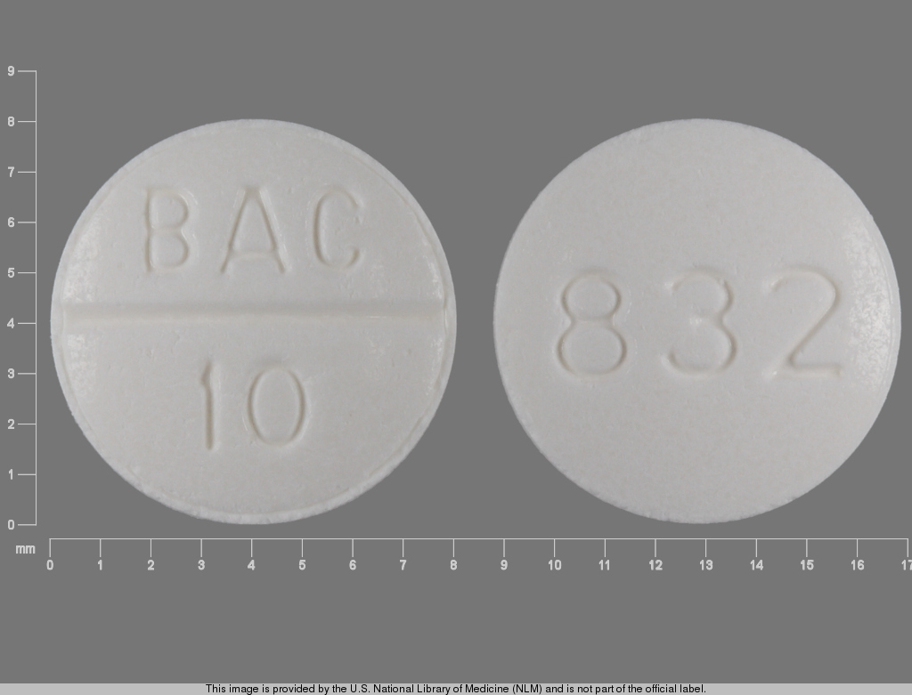 White Round pill with imprint BAC;10;832 — Baclofen 10 mg (view 2)
