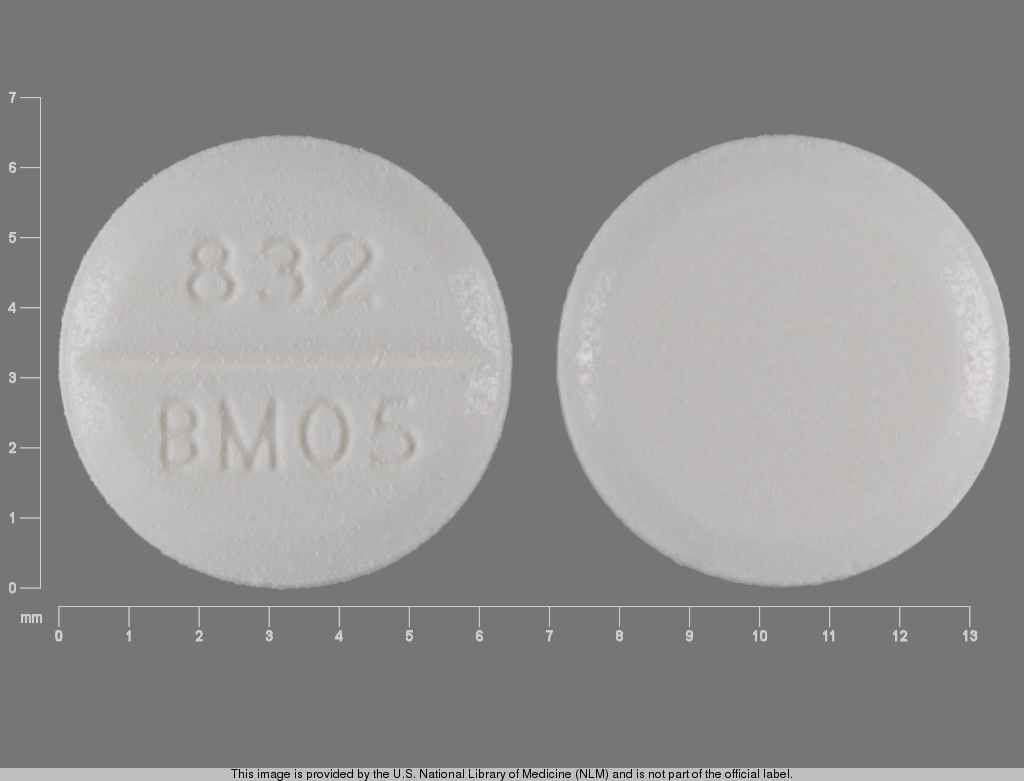 White Round pill with imprint 832;BM05 — Benztropine mesylate 0.5 mg (view 2)