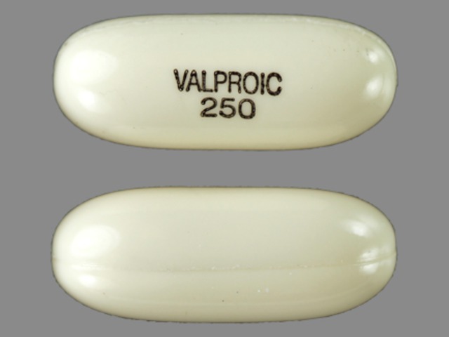White Capsule pill with imprint VALPROIC;250 — Valproic acid Valproic acid 250 mg; (view 2)