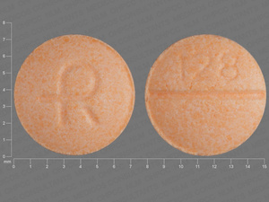 Orange Round pill with imprint R;128 — Clonidine hydrochloride Clonidine hydrochloride 0.2 mg; (view 3)
