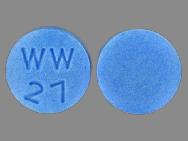 Blue Round pill with imprint WW;27 — Dicyclomine Dicyclomine hydrochloride 20 mg; (view 2)