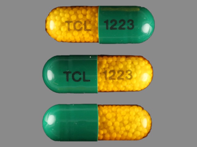 Green;yellow Capsule pill with imprint TCL;1223 — Nitro-time Nitroglycerin 9 mg; (view 2)