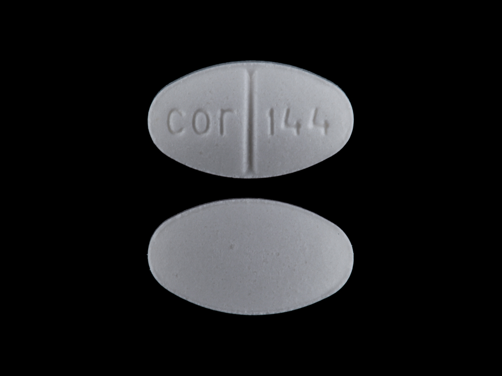 White Oval pill with imprint cor;144 — Benztropine mesylate 1 mg (view 2)