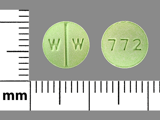 Green Round pill with imprint WW;772 — Isosorbide dinitrate Isosorbide dinitrate 20 mg; (view 2)