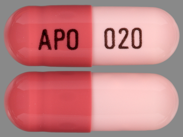 Pink;brown Capsule pill with imprint APO;020 — Omeprazole Omeprazole 20 mg; (view 2)