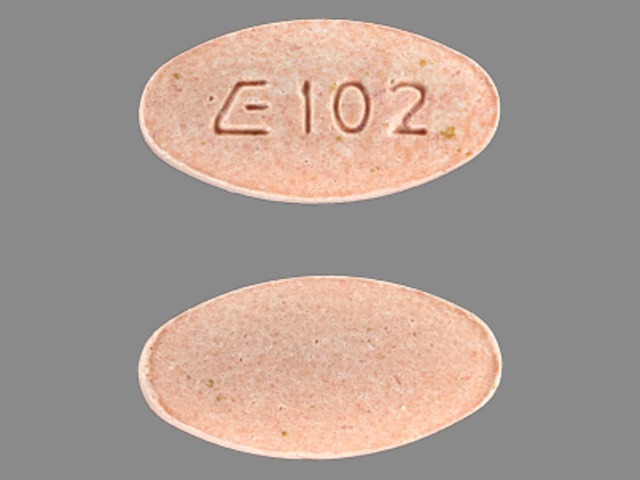 Orange Oval pill with imprint E102 — Lisinopril Lisinopril 20 mg; (view 2)