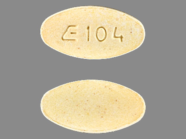Yellow Oval pill with imprint E104 — Lisinopril Lisinopril 40 mg; (view 2)