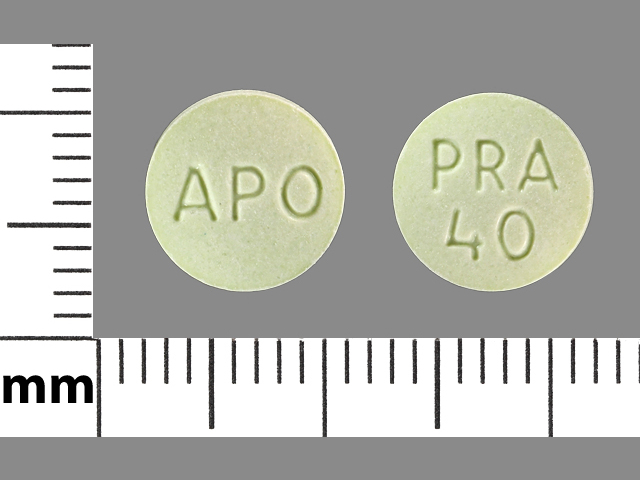 Green Round pill with imprint APO;PRA;40 — Pravastatin sodium Pravastatin sodium 40 mg; (view 2)
