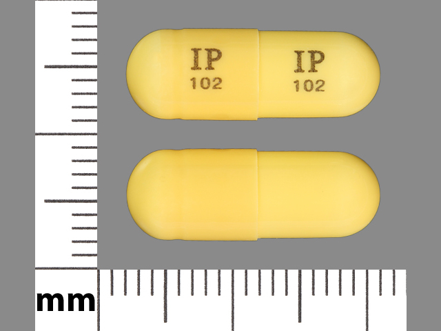 Yellow Capsule pill with imprint IP102 — Gabapentin Gabapentin 300 mg; (view 2)