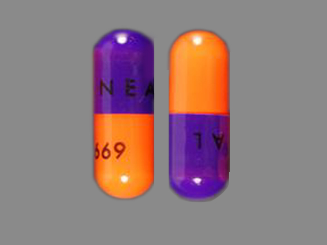 Purple;orange Capsule pill with imprint Amneal;669 — Acebutolol hydrochloride Acebutolol hydrochloride 200 mg; (view 2)