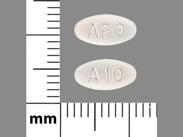 White Oval pill with imprint APO;A10 — Atorvastatin calcium Atorvastatin calcium trihydrate 10 mg; (view 2)